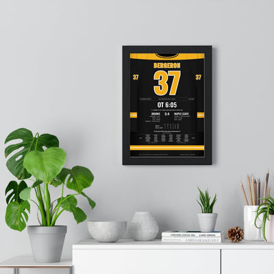 Patrice Bergeron 2013 Game 7 Overtime Winner Poster - Boston Bruins 37 Hockey Jersey Print framed on a living room wall
