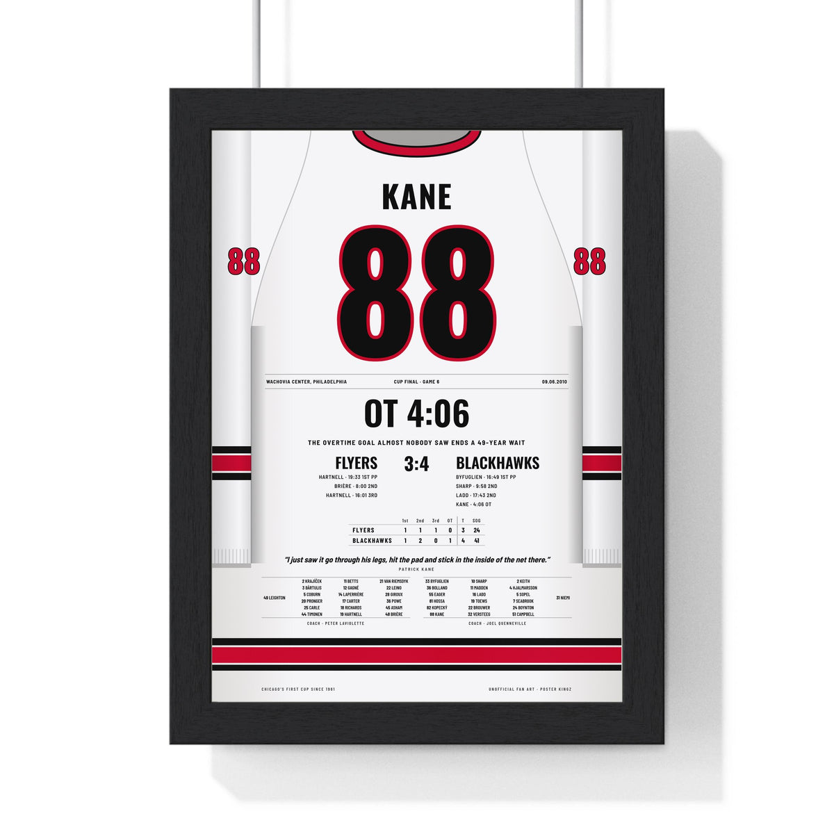 Patrick Kane 2010 Cup Final Overtime Winner Poster - Chicago Blackhawks 88 Hockey Jersey Print framed in a black frame, ready to hang