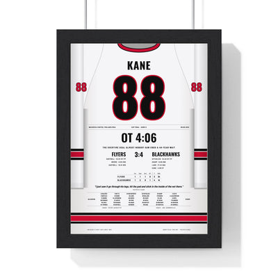 Patrick Kane 2010 Cup Final Overtime Winner Poster - Chicago Blackhawks 88 Hockey Jersey Print framed in a black frame, ready to hang