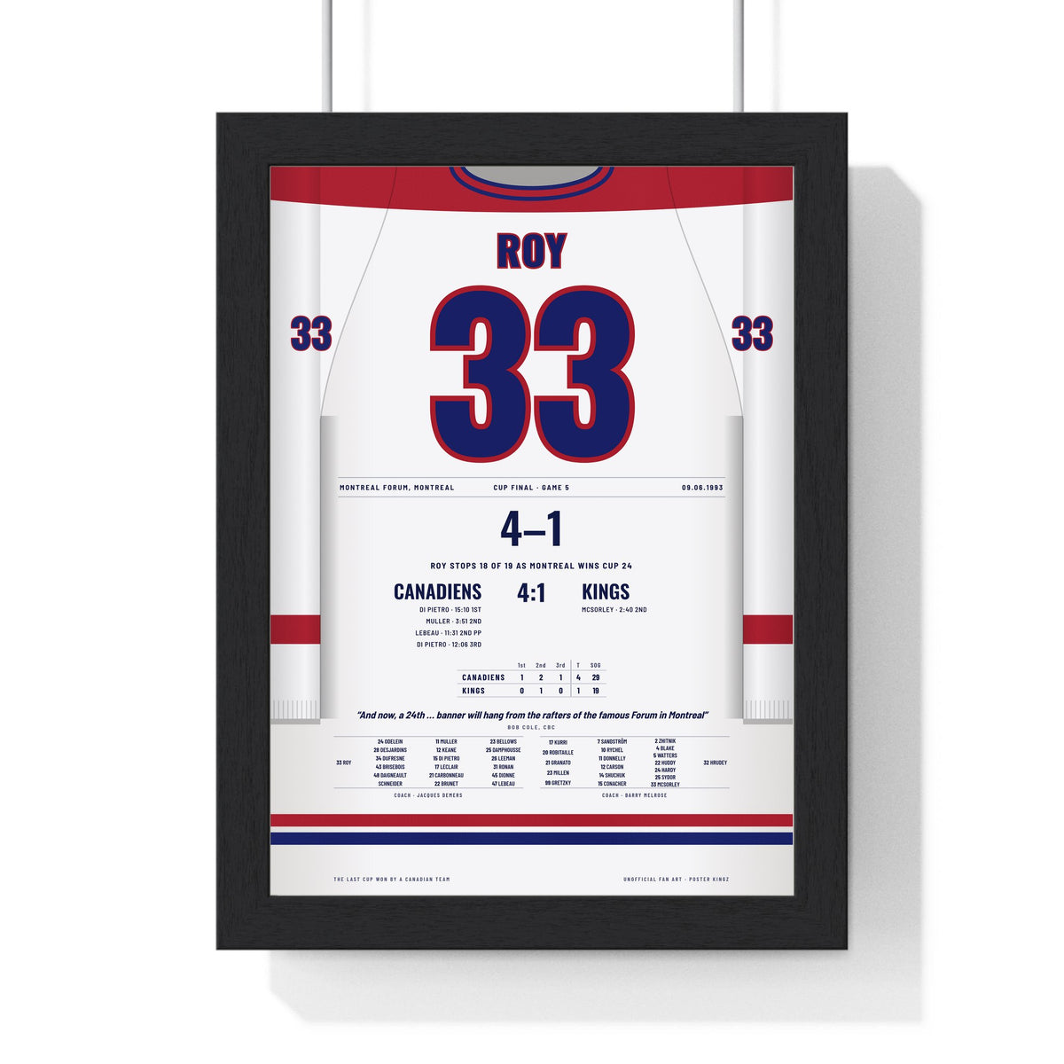 Patrick Roy 1993 Cup Final Game 5 Poster - Montreal Canadiens 33 Hockey Jersey Print framed in a black frame, ready to hang