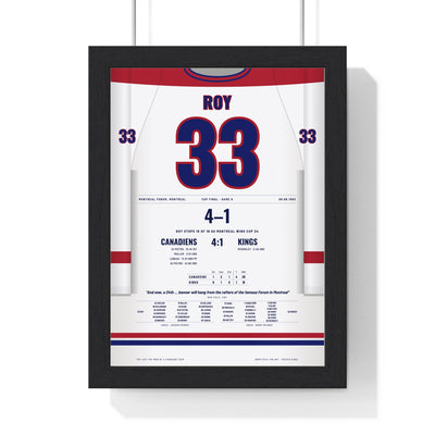Patrick Roy 1993 Cup Final Game 5 Poster - Montreal Canadiens 33 Hockey Jersey Print framed in a black frame, ready to hang