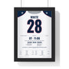 New England Patriots Super Bowl LI Poster - James White 28 Overtime Comeback Jersey Print framed in a black frame, ready to hang