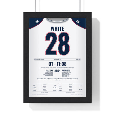 New England Patriots Super Bowl LI Poster - James White 28 Overtime Comeback Jersey Print framed in a black frame, ready to hang