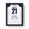 New England Patriots Super Bowl XLIX Poster - Malcolm Butler 21 Goal-Line Interception Jersey Print framed in a black frame, ready to hang