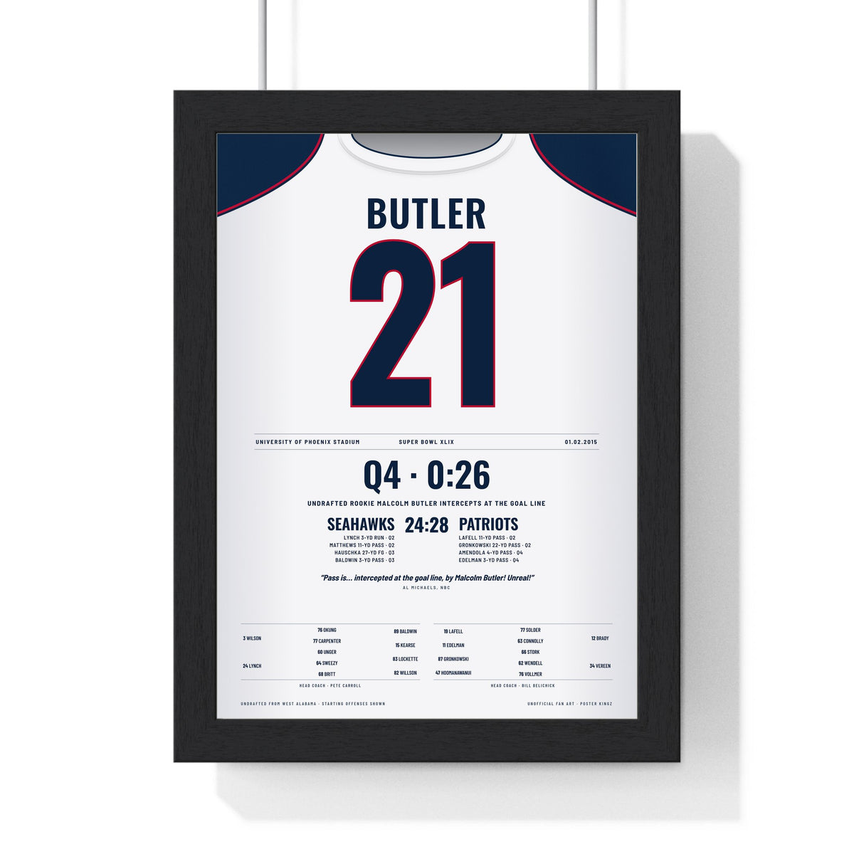 New England Patriots Super Bowl XLIX Poster - Malcolm Butler 21 Goal-Line Interception Jersey Print framed in a black frame, ready to hang