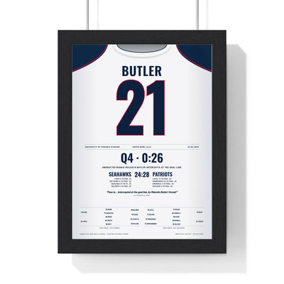 New England Patriots Super Bowl XLIX Poster - Malcolm Butler 21 Goal-Line Interception Jersey Print framed in a black frame, ready to hang