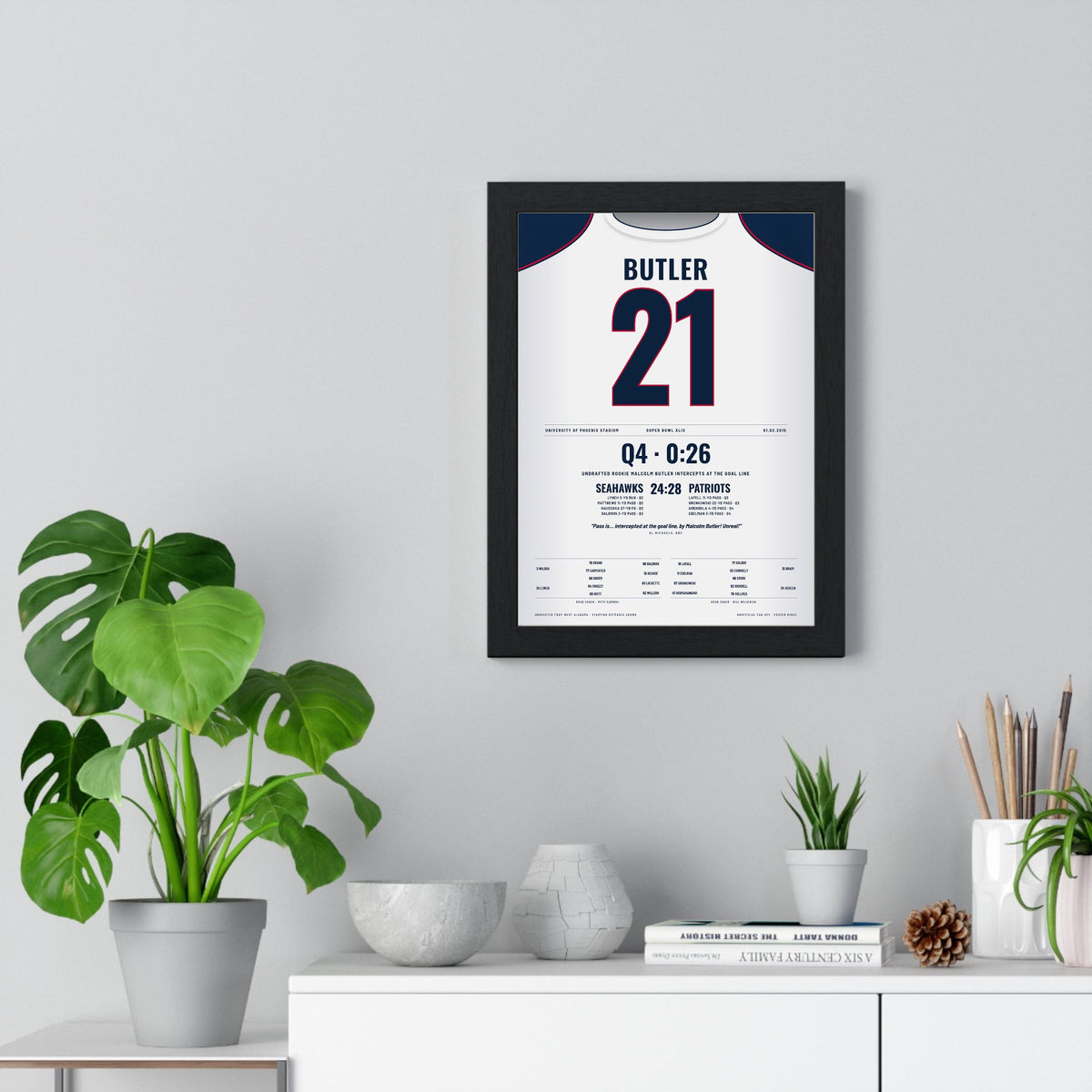 New England Patriots Super Bowl XLIX Poster - Malcolm Butler 21 Goal-Line Interception Jersey Print framed on a living room wall