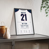 New England Patriots Super Bowl XLIX Poster - Malcolm Butler 21 Goal-Line Interception Jersey Print framed and leaning on a sideboard