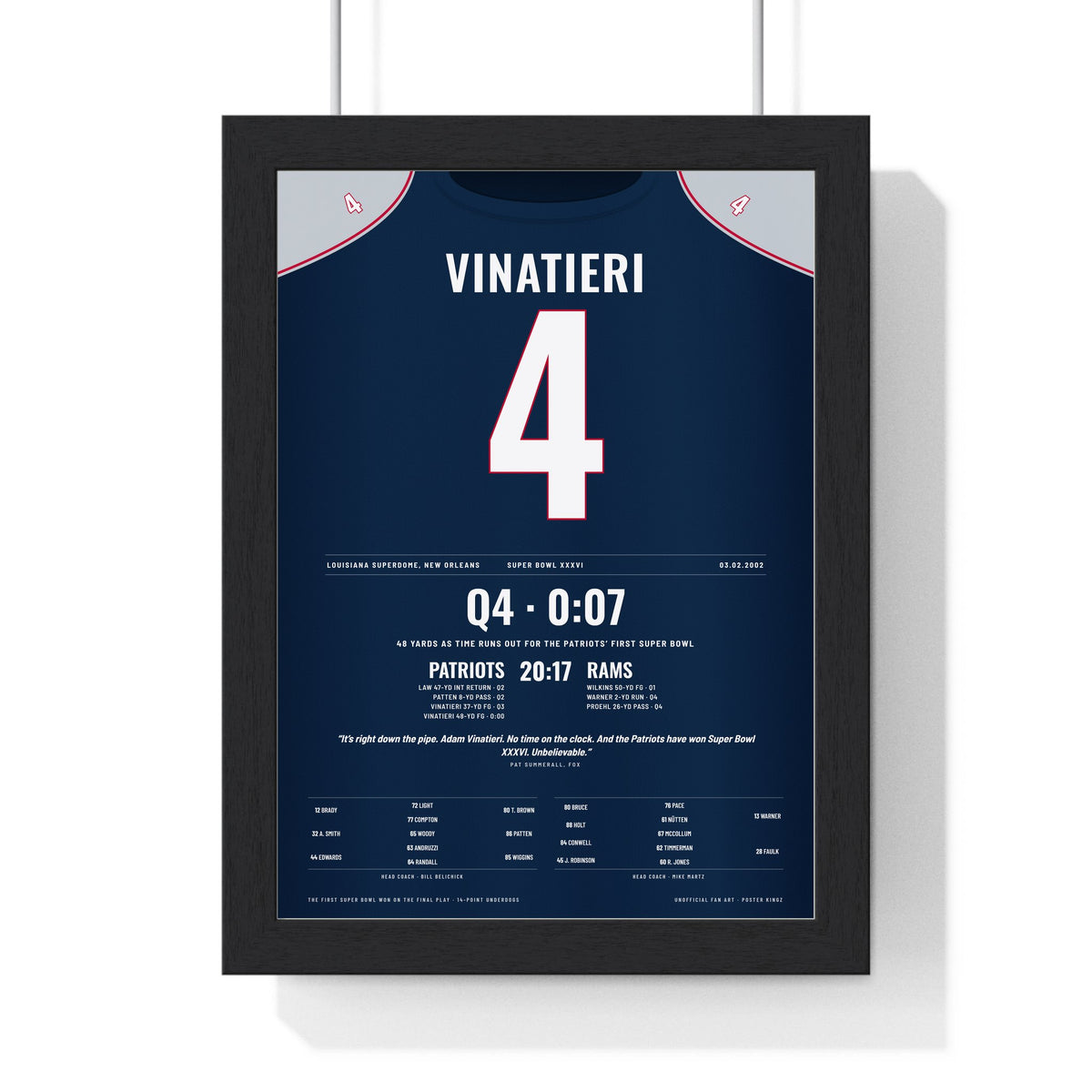 New England Patriots Super Bowl XXXVI Poster - Adam Vinatieri 4 Winning Kick Jersey Print framed in a black frame, ready to hang