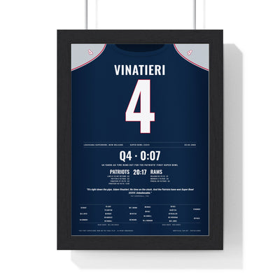 New England Patriots Super Bowl XXXVI Poster - Adam Vinatieri 4 Winning Kick Jersey Print framed in a black frame, ready to hang