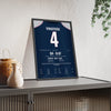 New England Patriots Super Bowl XXXVI Poster - Adam Vinatieri 4 Winning Kick Jersey Print framed and leaning on a sideboard