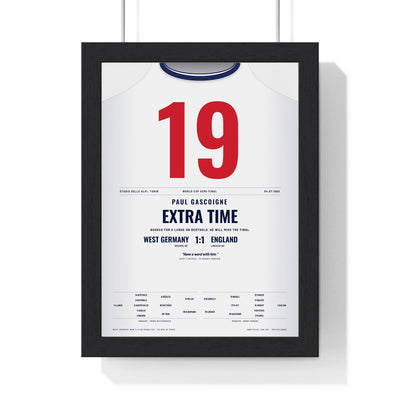 England Italia 90 Poster - Paul Gascoigne 19 World Cup Semi-Final Shirt Print framed in a black frame, ready to hang