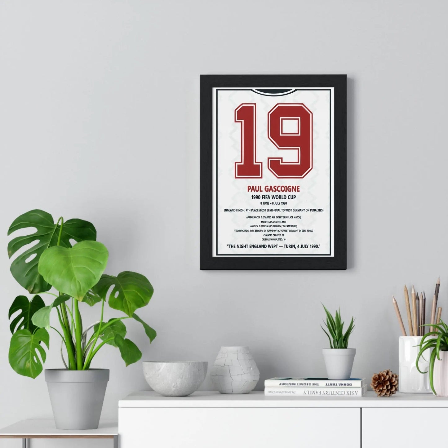 Framed Paul Gascoigne 1990 World Cup Italia 90 poster