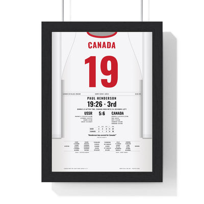Paul Henderson 1972 Summit Series Game 8 Winner Poster - Canada 19 Hockey Jersey Print framed in a black frame, ready to hang
