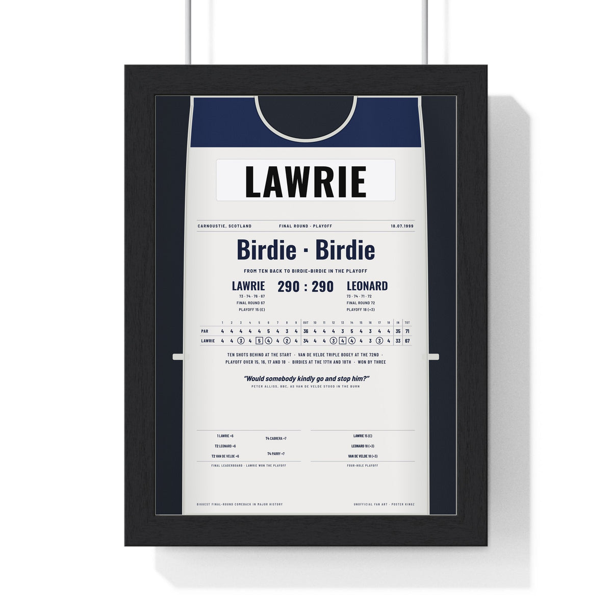 Paul Lawrie Carnoustie 1999 Golf Poster - Caddie Bib Playoff Win Print framed in a black frame, ready to hang