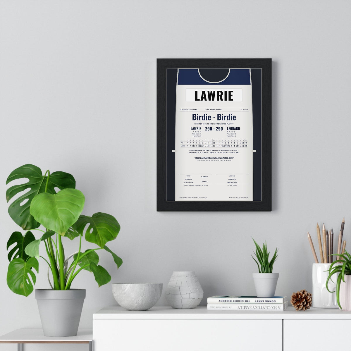 Paul Lawrie Carnoustie 1999 Golf Poster - Caddie Bib Playoff Win Print framed on a living room wall