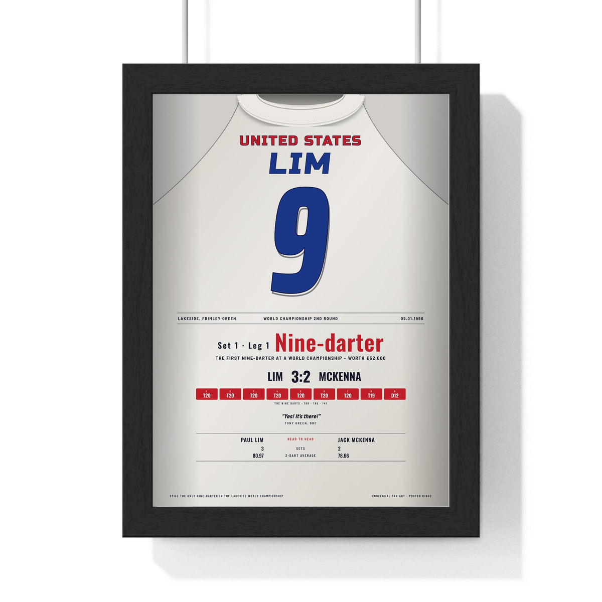 Paul Lim World Darts Championship 1990 Darts Poster - Lakeside Nine-Darter Shirt Print framed in a black frame, ready to hang
