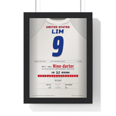 Paul Lim World Darts Championship 1990 Darts Poster - Lakeside Nine-Darter Shirt Print framed in a black frame, ready to hang