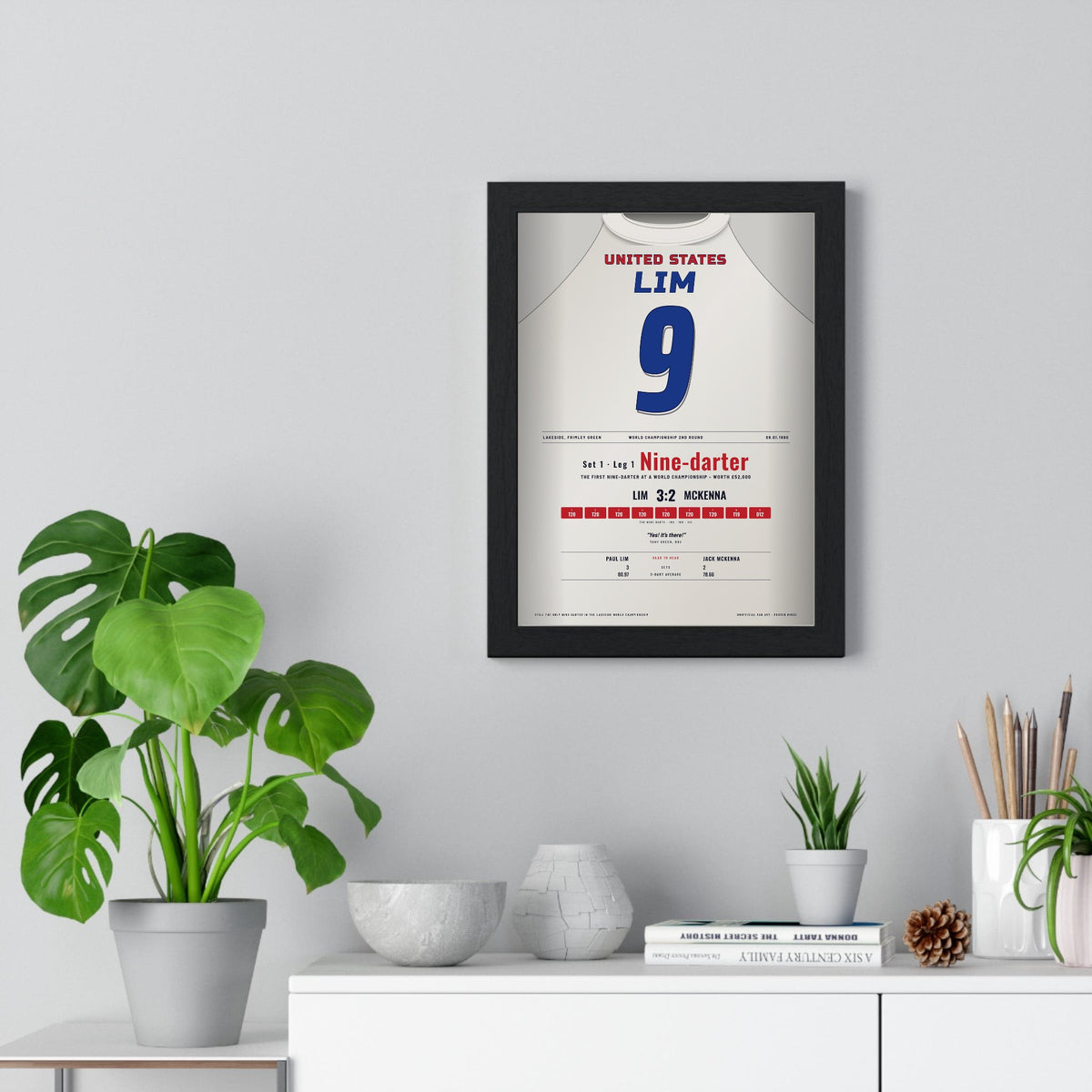 Paul Lim World Darts Championship 1990 Darts Poster - Lakeside Nine-Darter Shirt Print framed on a living room wall