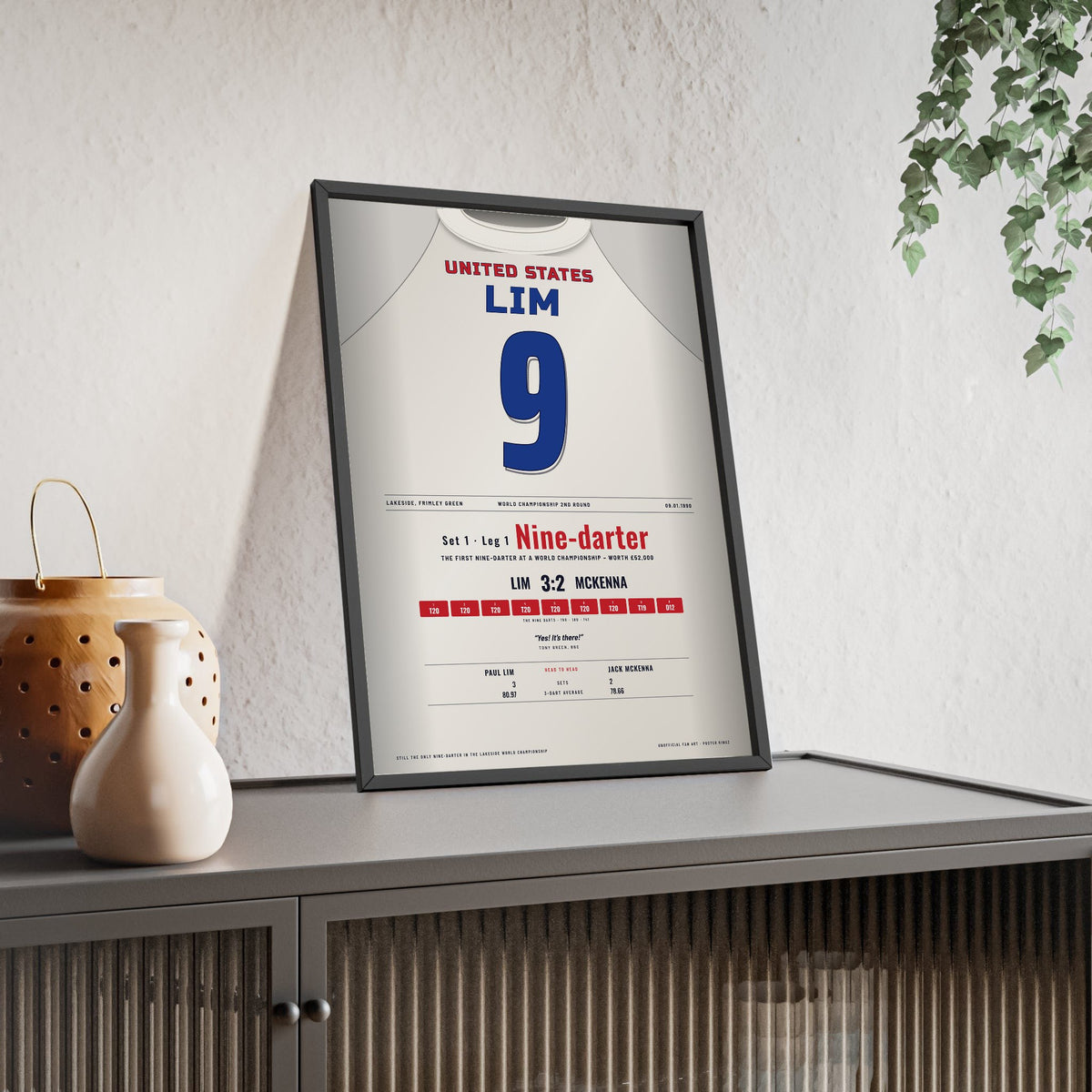 Paul Lim World Darts Championship 1990 Darts Poster - Lakeside Nine-Darter Shirt Print framed and leaning on a sideboard