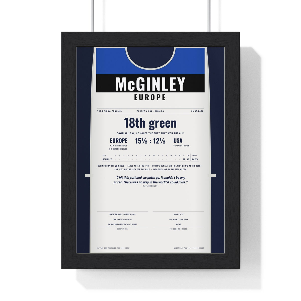 Paul McGinley The Belfry 2002 Golf Poster - Caddie Bib Europe v USA Winning Putt Print framed in a black frame, ready to hang
