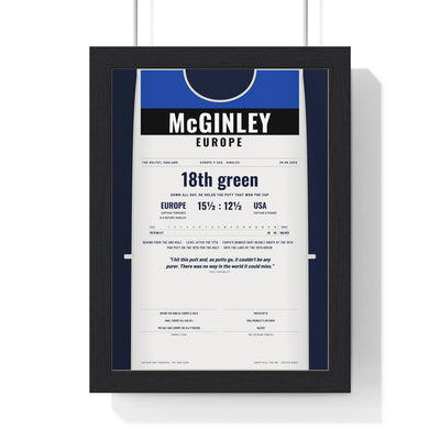 Paul McGinley The Belfry 2002 Golf Poster - Caddie Bib Europe v USA Winning Putt Print framed in a black frame, ready to hang