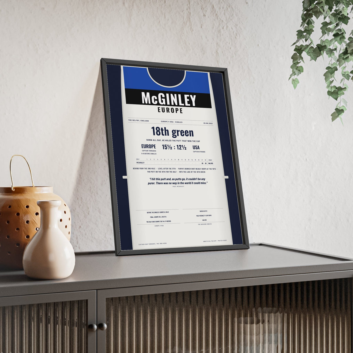 Paul McGinley The Belfry 2002 Golf Poster - Caddie Bib Europe v USA Winning Putt Print framed and leaning on a sideboard