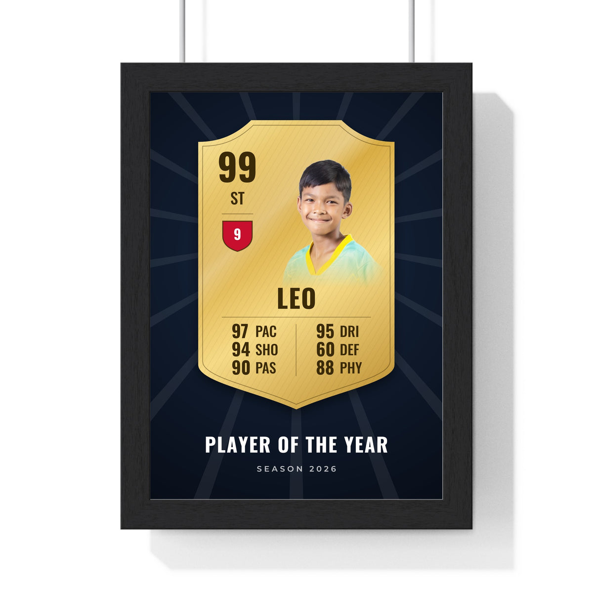 Personalised Football Player Card Print - framed gold card with a photo of a young player