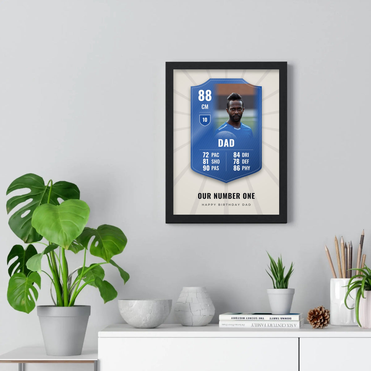 Personalised Football Player Card Print - blue team colour card with a photo of Dad on the wall