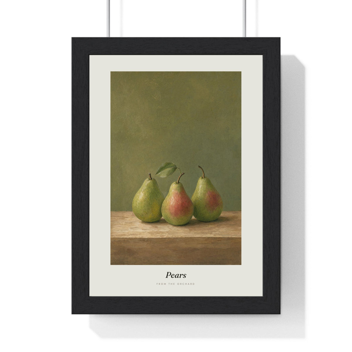 Pears Print framed in a black frame, ready to hang
