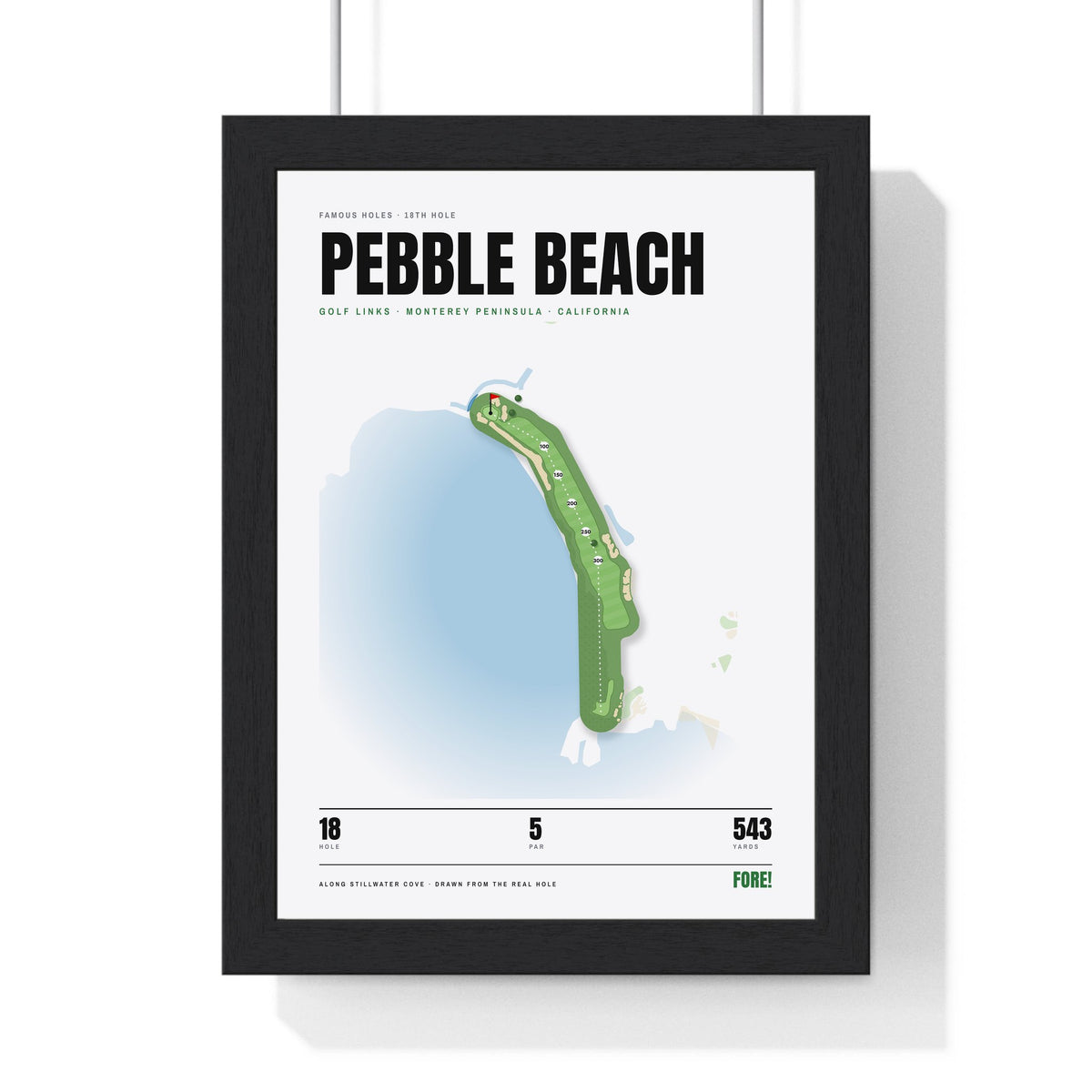 Pebble Beach 18th Hole White print framed in a black frame, ready to hang