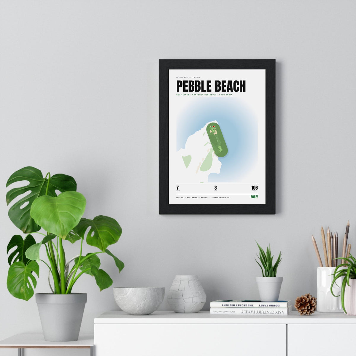 Pebble Beach 7th Hole White print framed on a living room wall