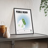 Pebble Beach 7th Hole White print framed and leaning on a sideboard