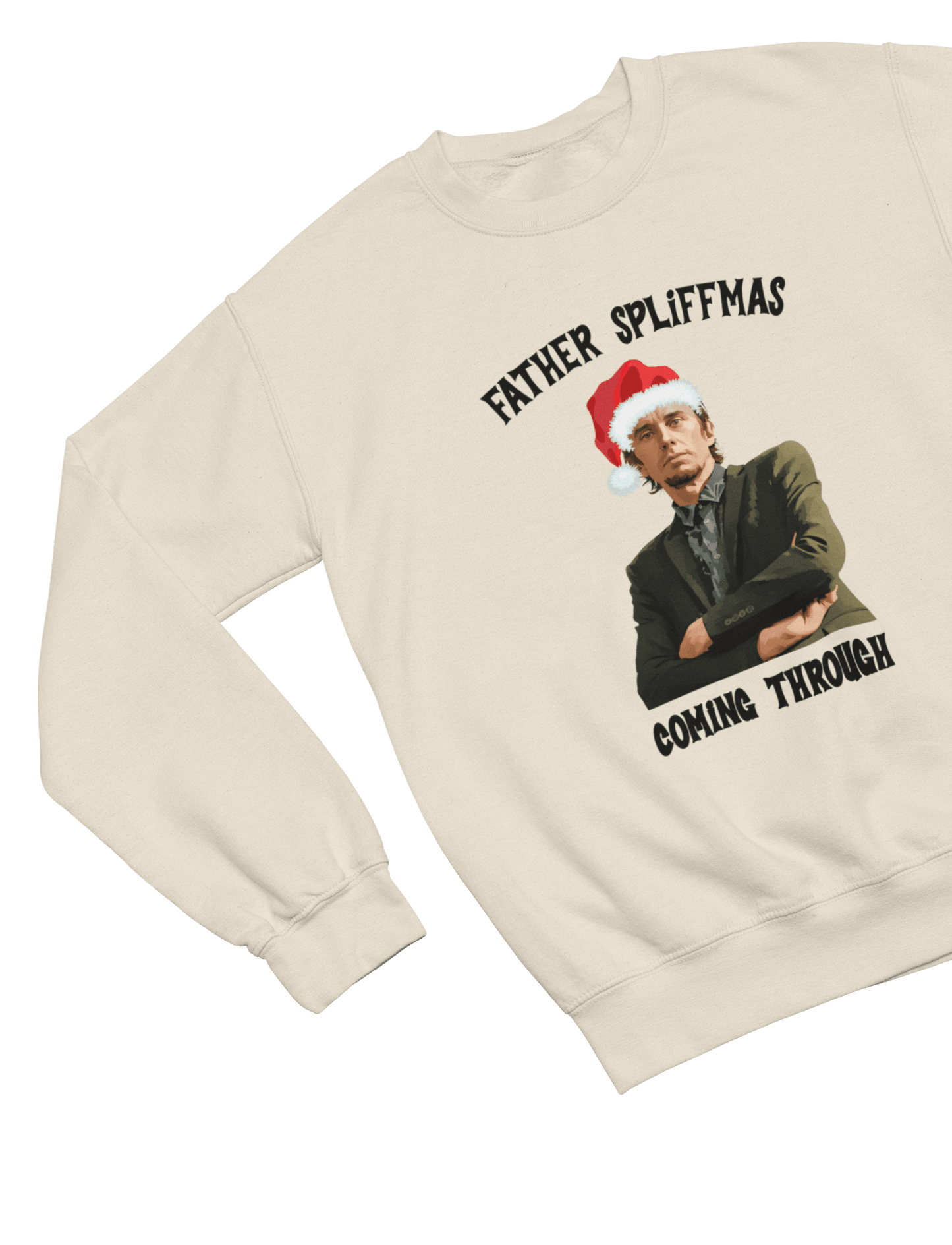Red t-shirt with Peep Show Super Hans Father Spliffmas Christmas Sweater close-up