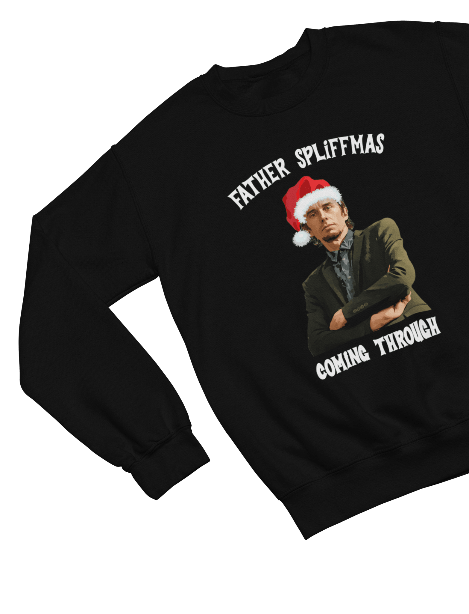 White t-shirt with Peep Show Super Hans Father Spliffmas Christmas Sweater