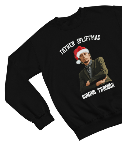 White t-shirt with Peep Show Super Hans Father Spliffmas Christmas Sweater