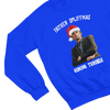 Blue t-shirt with Peep Show Super Hans Father Spliffmas Christmas Sweater back view