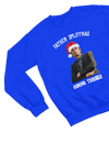 Blue t-shirt with Peep Show Super Hans Father Spliffmas Christmas Sweater back view