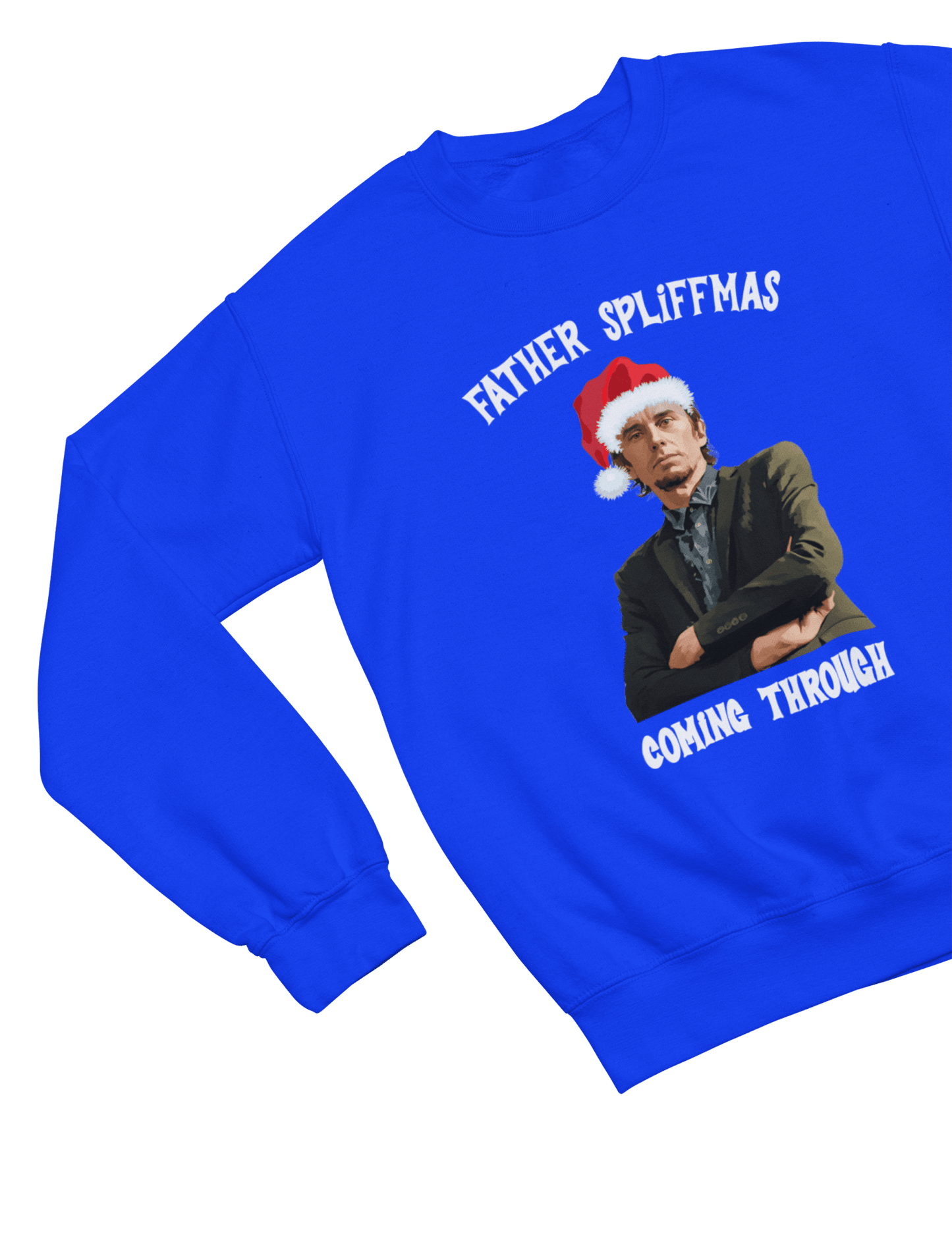 Blue t-shirt with Peep Show Super Hans Father Spliffmas Christmas Sweater back view