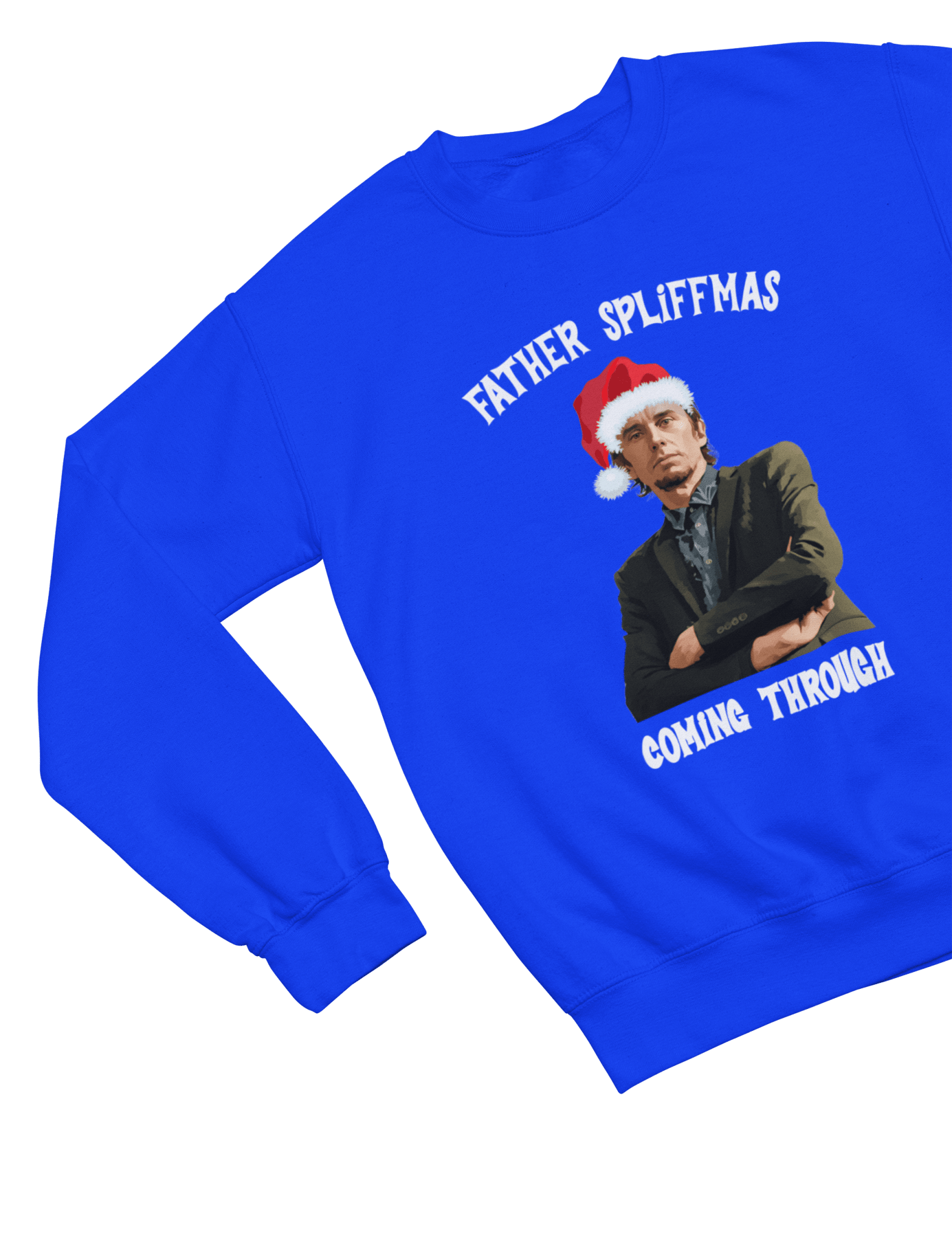 Blue t-shirt with Peep Show Super Hans Father Spliffmas Christmas Sweater back view