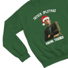 Green t-shirt with Peep Show Super Hans Father Spliffmas Christmas Sweater close-up