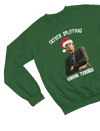 Green t-shirt with Peep Show Super Hans Father Spliffmas Christmas Sweater close-up