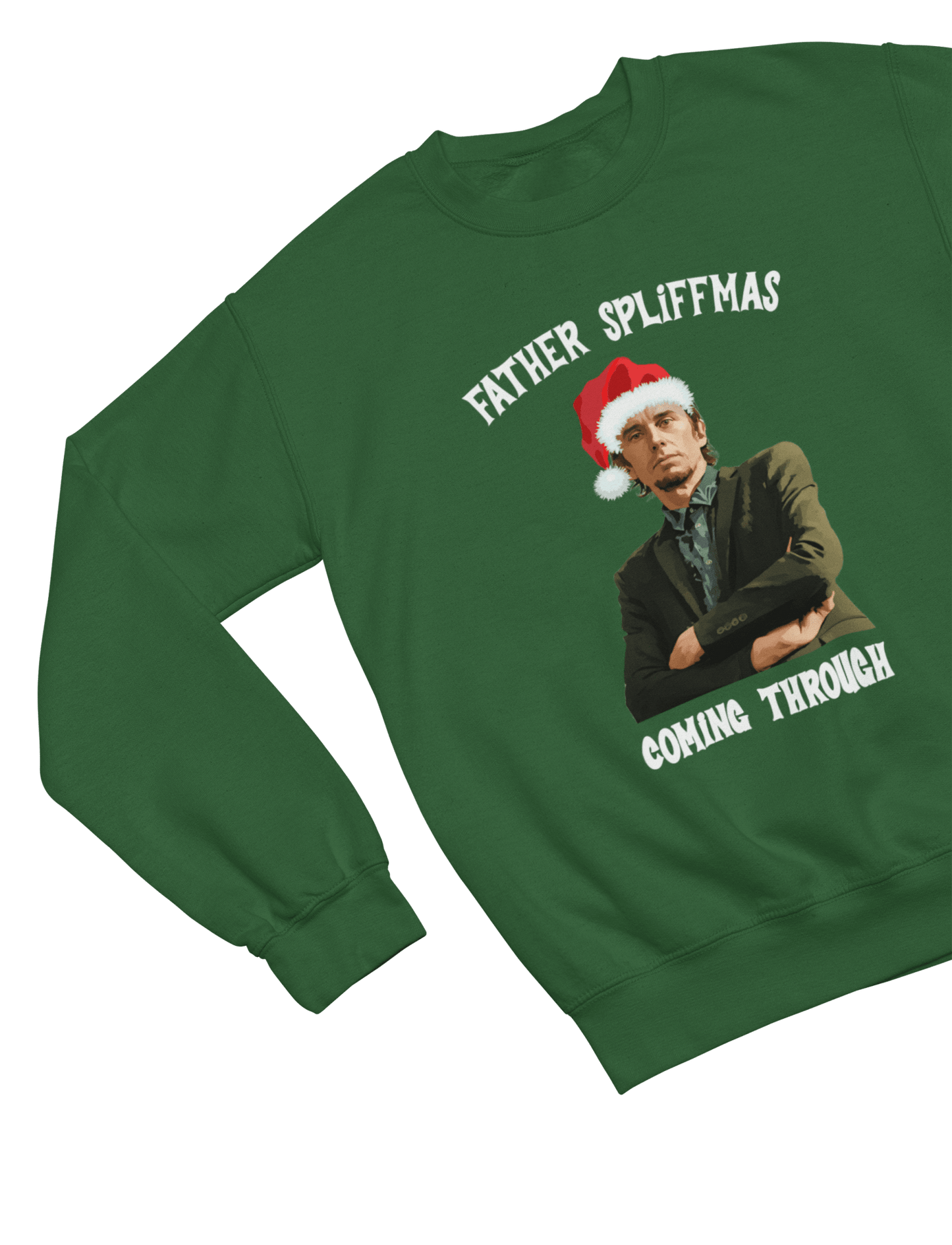 Green t-shirt with Peep Show Super Hans Father Spliffmas Christmas Sweater close-up