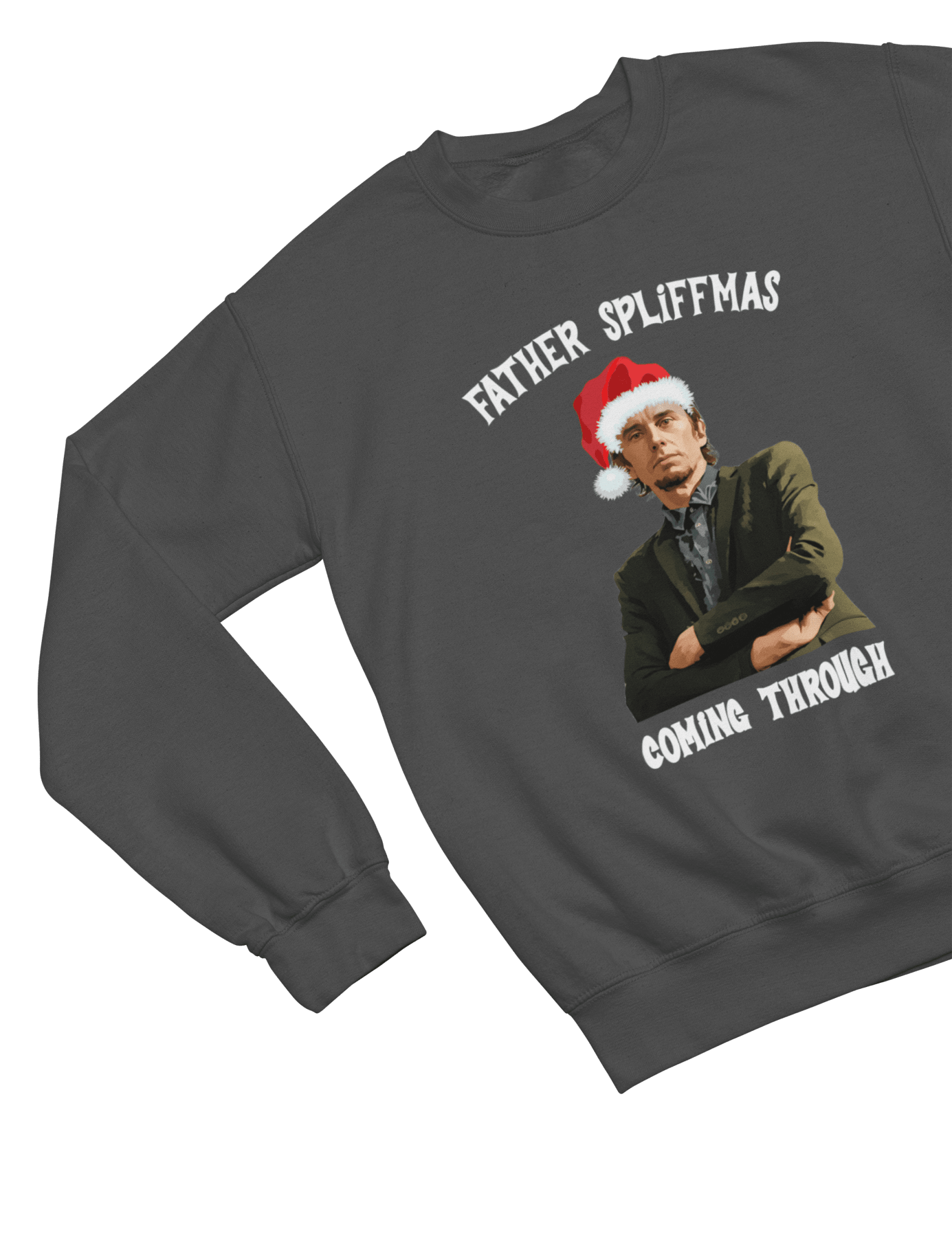 Black t-shirt with Peep Show Super Hans Father Spliffmas Christmas Sweater front view