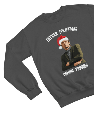 Black t-shirt with Peep Show Super Hans Father Spliffmas Christmas Sweater front view