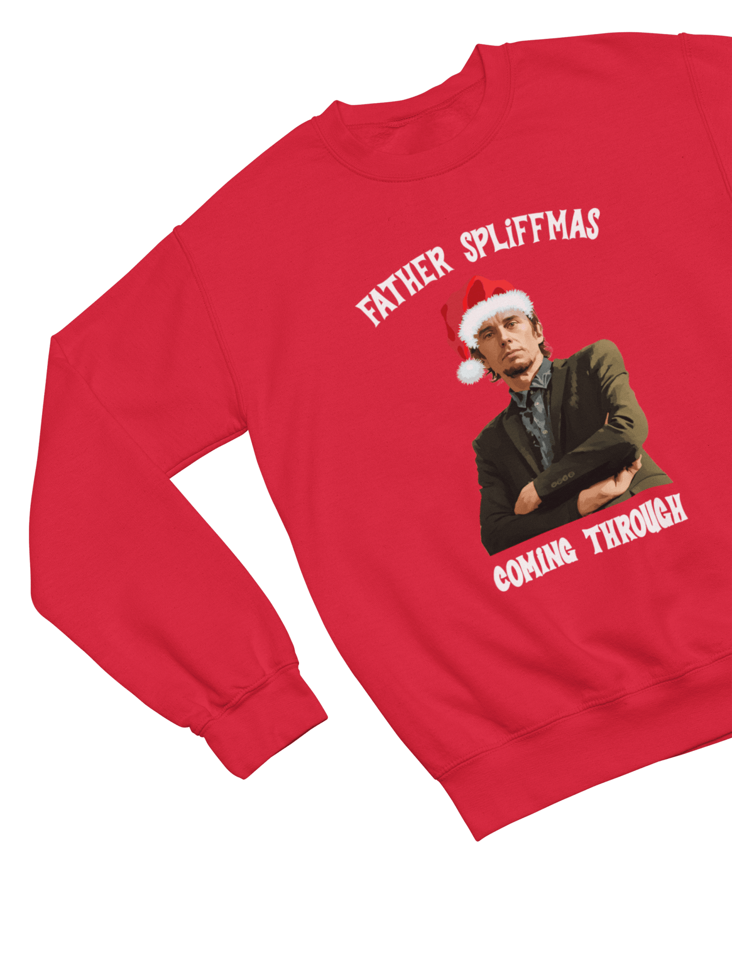 Beige t-shirt with Peep Show Super Hans Father Spliffmas Christmas Sweater wall display