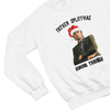 Grey t-shirt with Peep Show Super Hans Father Spliffmas Christmas Sweater wall display