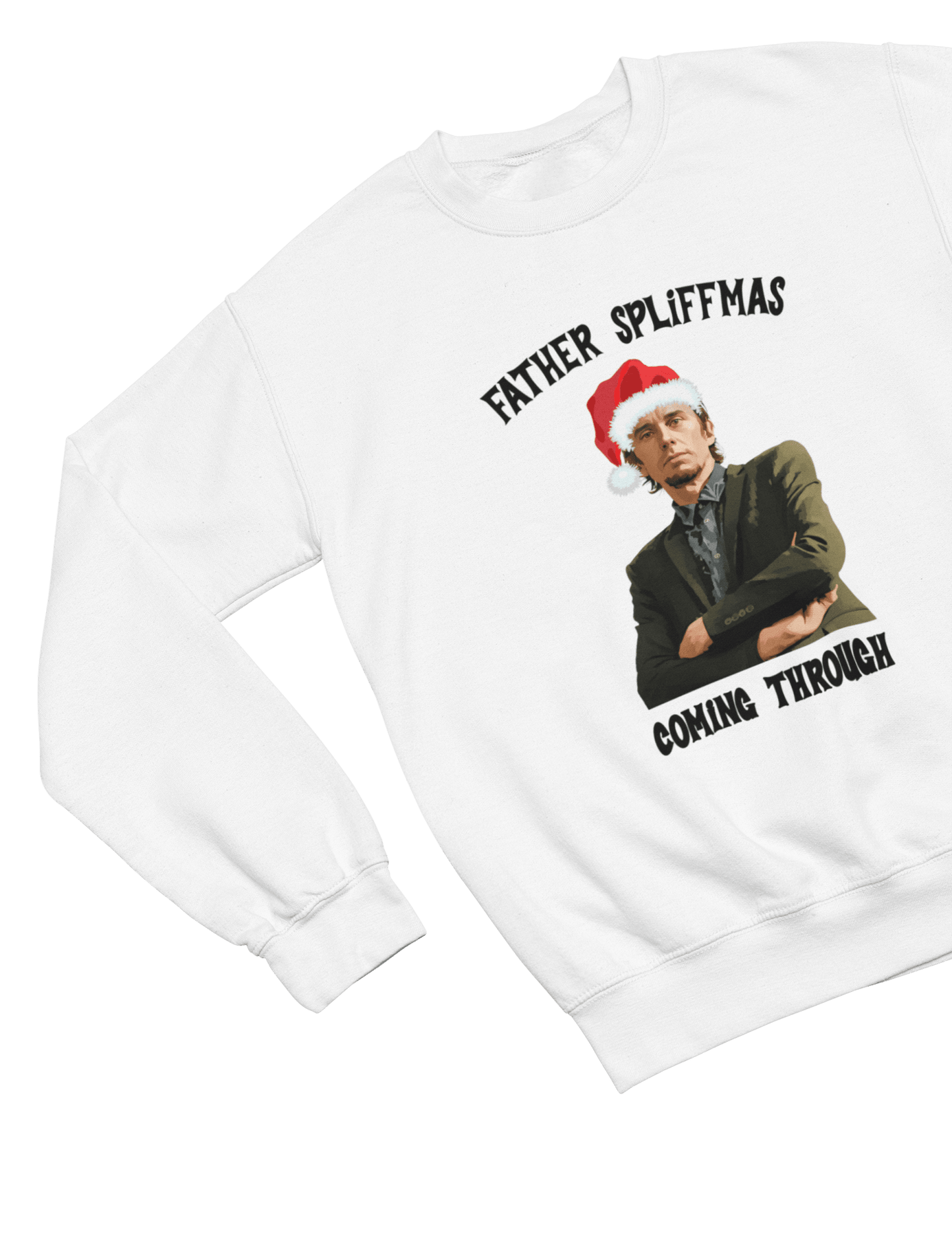 Grey t-shirt with Peep Show Super Hans Father Spliffmas Christmas Sweater wall display