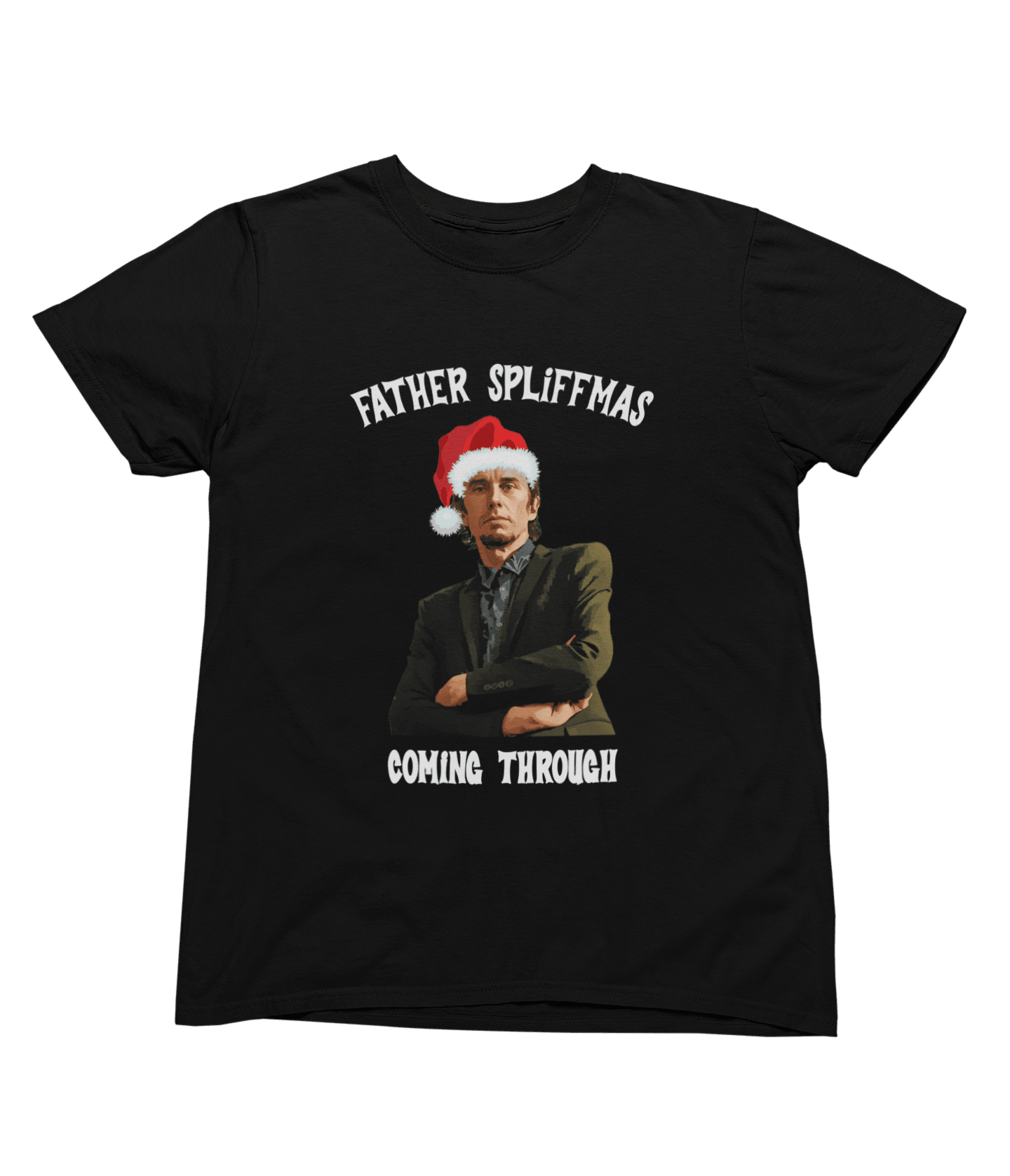 Black t-shirt with Peep Show Super Hans Father Spliffmas Christmas Sweater close-up