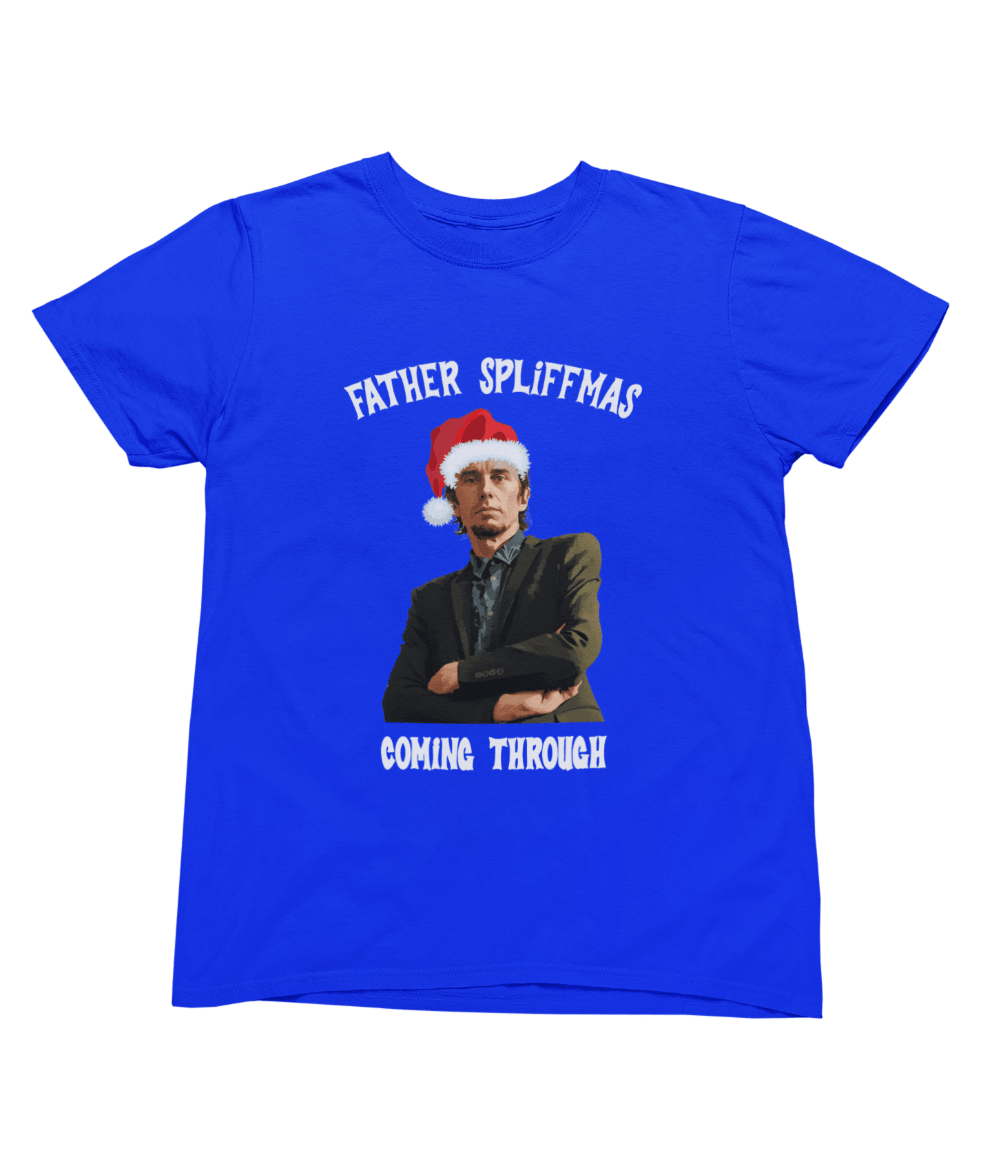 Blue t-shirt with Peep Show Super Hans Father Spliffmas Christmas Sweater